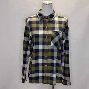 Stio Shirt Womens Small Green Blue Plaid Flannel Organic Cotton Long Sleeve